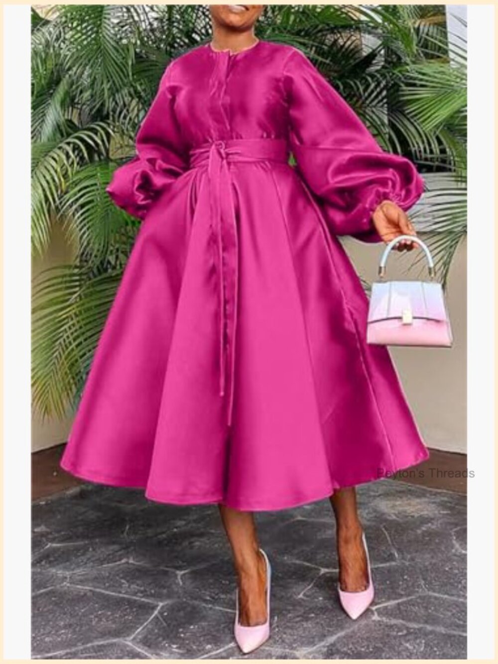 Women's Satin Long Sleeve A Line Maxi Dress with Belt Pockets - Picture 3 of 5